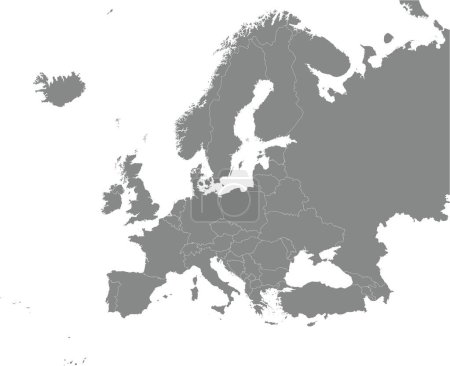 Illustration for Black CMYK national map of MALTA inside detailed gray blank political map of European continent on transparent background using Mercator projection - Royalty Free Image