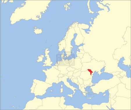 Rote CMYK-Nationalkarte von MOLDOVA innerhalb einer detaillierten beigen leeren politischen Landkarte des europäischen Kontinents auf blauem Hintergrund mit Mollweide-Projektion