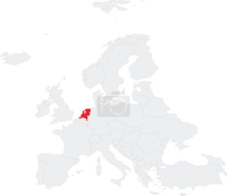Téléchargez les illustrations : Carte nationale rouge CMJN des PAYS-BAS à l'intérieur d'une carte politique vierge grise du continent européen sur fond transparent en utilisant la projection Robinson - en licence libre de droit