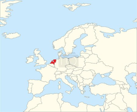 Téléchargez les illustrations : Carte nationale rouge CMJN des PAYS-BAS à l'intérieur d'une carte politique vierge beige simplifiée du continent européen sur fond bleu en utilisant la projection Winkel Tripel - en licence libre de droit