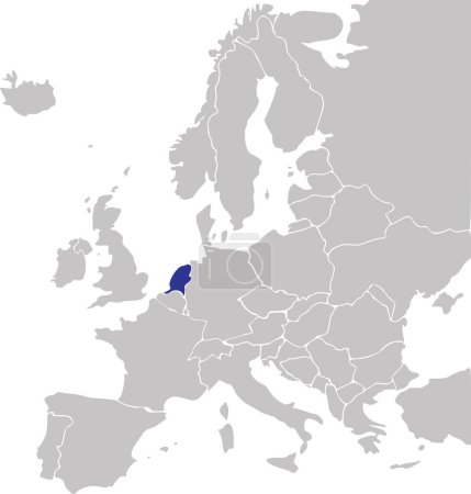 Téléchargez les illustrations : Carte nationale CMJN bleue des PAYS-BAS à l'intérieur d'une carte politique vierge grise simplifiée du continent européen sur fond transparent en utilisant la projection Mercator - en licence libre de droit