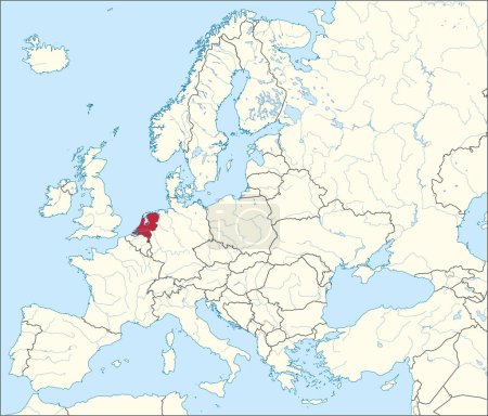 Téléchargez les illustrations : Carte nationale rouge CMJN des PAYS-BAS à l'intérieur carte politique beige détaillée du continent européen avec des rivières et des lacs sur fond bleu en utilisant la projection Mercator - en licence libre de droit