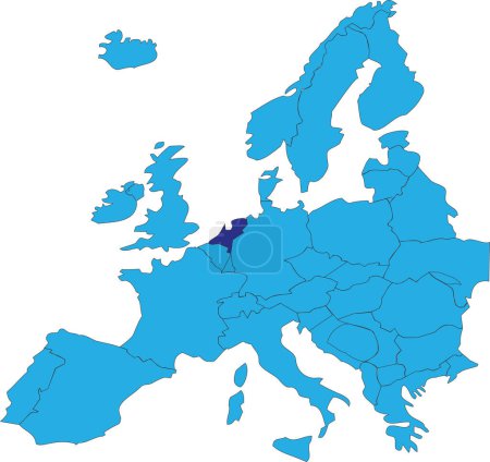 Téléchargez les illustrations : Carte nationale des PAYS-BAS CMJN bleu foncé à l'intérieur d'une carte politique simplifiée en blanc bleu du continent européen sur fond transparent en utilisant la projection de Peters - en licence libre de droit