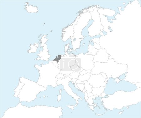 Téléchargez les illustrations : Carte nationale grise CMJN des PAYS-BAS à l'intérieur d'une carte politique blanche détaillée du continent européen sur fond bleu en utilisant la projection de Mollweide - en licence libre de droit
