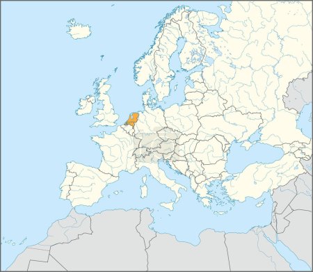 Téléchargez les illustrations : Carte nationale orange CMJN des PAYS-BAS à l'intérieur d'une carte politique blanche beige détaillée du continent européen avec des rivières et des lacs sur fond bleu en utilisant la projection Mercator - en licence libre de droit