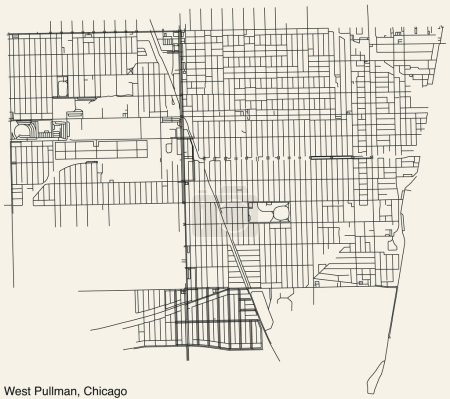 Illustration for Detailed hand-drawn navigational urban street roads map of the WEST PULLMAN COMMUNITY AREA of the American city of CHICAGO, ILLINOIS with vivid road lines and name tag on solid background - Royalty Free Image