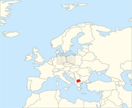 Téléchargez les illustrations : Carte nationale rouge CMJN de la MACÉDOINE DU NORD à l'intérieur d'une carte politique vierge simplifiée beige du continent européen sur fond bleu en utilisant la projection Winkel Tripel - en licence libre de droit