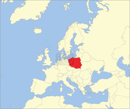 Rote CMYK-Nationalkarte von POLEN innerhalb detaillierter beiger Blanko-Landkarte des europäischen Kontinents auf blauem Hintergrund mit Mollweide-Projektion