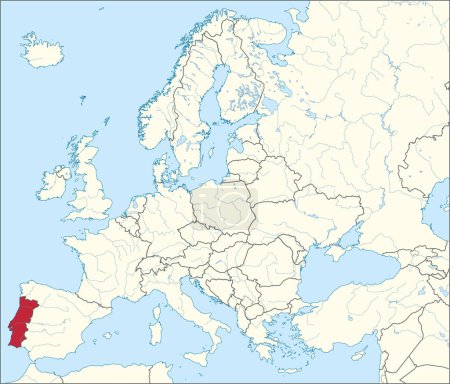 Rote CMYK-Nationalkarte von PORTUGAL innerhalb einer detaillierten beigen leeren politischen Landkarte des europäischen Kontinents mit Flüssen und Seen auf blauem Hintergrund mittels Mercator-Projektion