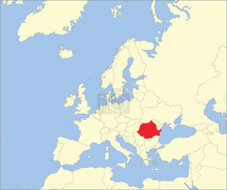 Ilustración de Mapa nacional rojo CMYK de ROMANIA dentro del detallado mapa político en blanco beige del continente europeo sobre fondo azul usando la proyección de Mollweide - Imagen libre de derechos