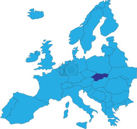 Ilustración de Mapa nacional CMYK azul oscuro de ESLOVAQUIA dentro del mapa político en blanco azul simplificado del continente europeo sobre fondo transparente utilizando la proyección de Peters - Imagen libre de derechos