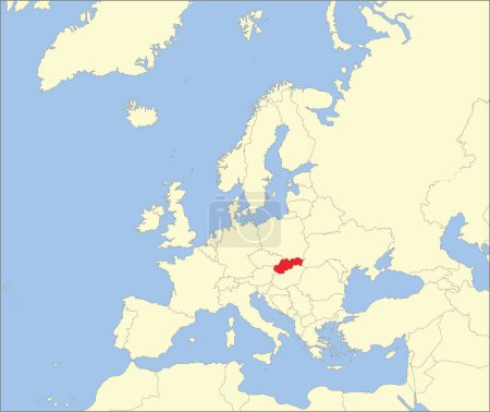 Téléchargez les illustrations : Carte nationale rouge CMJN de la SLOVAQUIE à l'intérieur d'une carte politique vierge beige détaillée du continent européen sur fond bleu en utilisant la projection de Mollweide - en licence libre de droit