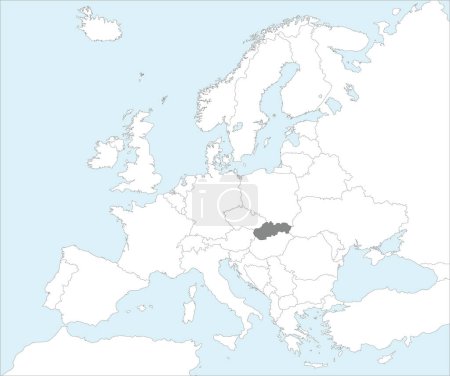 Ilustración de Gris CMYK mapa nacional de ESLOVAQUIA dentro detallado blanco en blanco mapa político del continente europeo sobre fondo azul utilizando la proyección Mollweide - Imagen libre de derechos