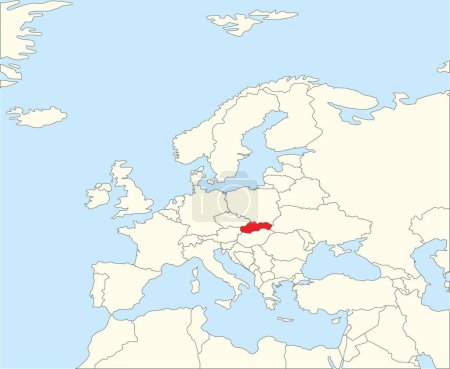 Ilustración de Mapa nacional rojo CMYK de ESLOVAQUIA dentro del mapa político en blanco beige simplificado del continente europeo sobre fondo azul utilizando la proyección Winkel Tripel - Imagen libre de derechos