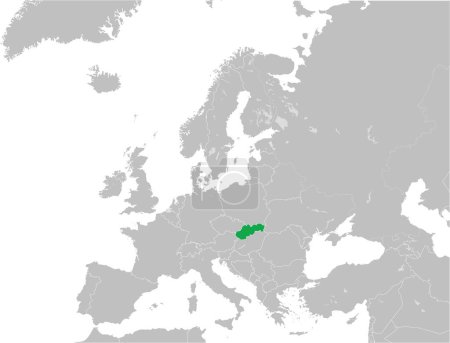 Ilustración de Mapa nacional CMYK verde de ESLOVAQUIA dentro del detallado mapa político en blanco gris del continente europeo con lagos sobre fondo transparente utilizando la proyección de Mercator - Imagen libre de derechos