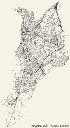 Mapa detallado de las carreteras urbanas de navegación dibujadas a mano del ROYAL BOROUGH OF KINGSTON UPON THAMES del mapa de los distritos administrativos locales ingleses de Londres, Inglaterra, con líneas vivas de carreteras y etiqueta con su nombre sobre un fondo sólido