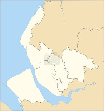 Illustration for Beige flat vector metropolitan administrative map of MERSEYSIDE, ENGLAND with black border lines and waterways of its local authority districts - Royalty Free Image
