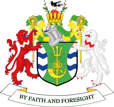 Ilustración de Ilustración vectorial oficial del escudo de armas del distrito administrativo local inglés del BORDO METROPOLITANO DE WIRRAL, MERSEYSIDE - Imagen libre de derechos