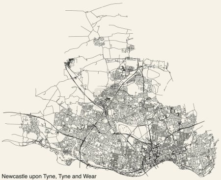Illustration for Street roads map of the METROPOLITAN BOROUGH AND CITY OF NEWCASTLE UPON TYNE, TYNE AND WEAR - Royalty Free Image