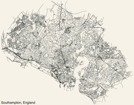 Illustration for Detailed hand-drawn navigational urban street roads map of the United Kingdom city township of SOUTHAMPTON, ENGLAND with vivid road lines and name tag on solid background - Royalty Free Image