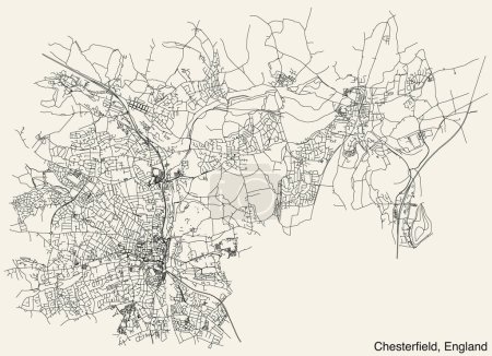 Illustration for Detailed hand-drawn navigational urban street roads map of the United Kingdom city township of CHESTERFIELD, ENGLAND with vivid road lines and name tag on solid background - Royalty Free Image
