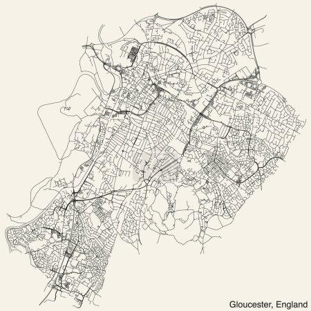 Illustration for Detailed hand-drawn navigational urban street roads map of the United Kingdom city township of GLOUCESTER, ENGLAND with vivid road lines and name tag on solid background - Royalty Free Image