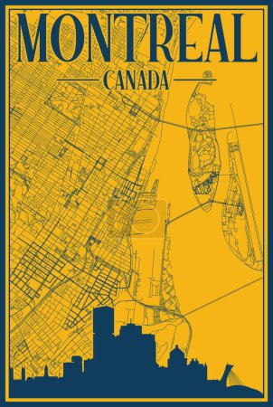 Gelb-blaues handgezeichnetes gerahmtes Poster der Innenstadt von MONTREAL, KANADA mit hervorgehobener Vintage-Skyline und Schriftzug