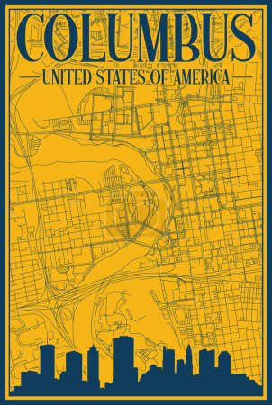 Gelb-blaues, handgezeichnetes gerahmtes Plakat der Innenstadt von COLUMBUS, VEREINIGTE STAATEN AMERIKA mit hervorgehobener historischer Stadtsilhouette und Schriftzug