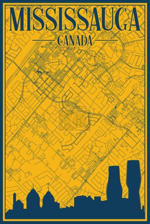 Téléchargez les illustrations : Affiche encadrée jaune et bleu dessinée à la main du centre-ville de MISSISSAUGA, CANADA avec silhouette et lettrage vintage mis en valeur - en licence libre de droit