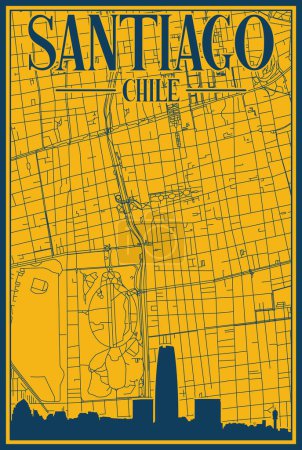 Gelbes und blaues handgezeichnetes gerahmtes Plakat der Innenstadt von SANTIAGO, CHILE mit hervorgehobener historischer Stadtsilhouette und Schriftzug