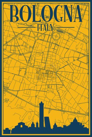 Téléchargez les illustrations : Affiche encadrée jaune et bleu dessinée à la main du centre-ville de BOLOGNA, ITALIE avec silhouette et lettrage vintage mis en valeur - en licence libre de droit