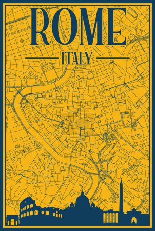 Gelbes und blaues handgezeichnetes gerahmtes Poster der Innenstadt von ROM, ITALIEN mit hervorgehobener historischer Stadtsilhouette und Schriftzug