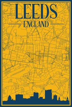 Gelb-blaues, handgezeichnetes gerahmtes Poster der Innenstadt von LEEDS, ENGLAND mit hervorgehobener historischer Stadtsilhouette und Schriftzug
