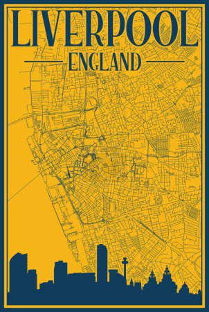 Gelbes und blaues handgezeichnetes gerahmtes Plakat des LIVERPOOL in der Innenstadt von ENGLAND mit hervorgehobener Vintage-Skyline und Schriftzug
