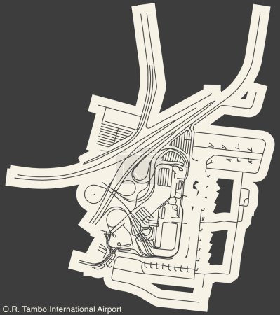 High contrasted terminals layout diagram map with airfield road lines and name tag of the O. R. TAMBO INTERNATIONAL AIRPORT, JOHANNESBURG
