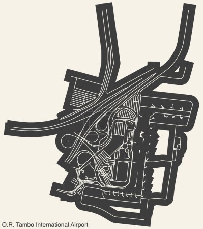 High contrasted terminals layout diagram map with airfield road lines and name tag of the O. R. TAMBO INTERNATIONAL AIRPORT, JOHANNESBURG