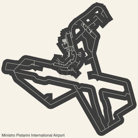 High contrasted terminals layout diagram map with airfield road lines and name tag of the MINISTRO PISTARINI INTERNATIONAL AIRPORT (EZE, SAEZ), BUENOS AIRES