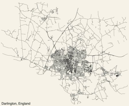 Mapa detallado de carreteras urbanas de navegación dibujadas a mano del municipio de DARLINGTON, INGLATERRA, con vívidas líneas de carreteras y etiqueta con su nombre sobre un fondo sólido