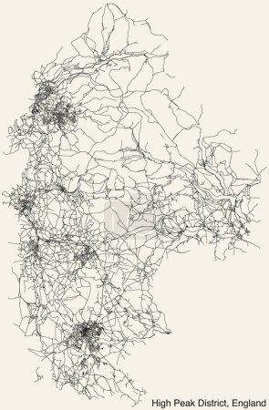 Mapa detallado de carreteras urbanas de navegación dibujadas a mano del municipio de HIGH PEAK DISTRICT de Reino Unido, INGLATERRA con líneas vivas de carreteras y etiqueta con su nombre sobre un fondo sólido
