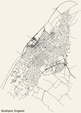 Mapa detallado de carreteras urbanas de navegación dibujadas a mano del municipio de SOUTHPORT, INGLATERRA, con vívidas líneas de carreteras y etiqueta con su nombre sobre un fondo sólido