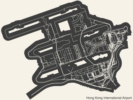 High contrasted terminals layout diagram map with airfield road lines and name tag of the HONG KONG INTERNATIONAL AIRPORT (HKG, VHHH), HONG KONG