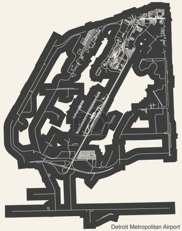 High contrasted terminals layout diagram map with airfield road lines and name tag of the DETROIT METROPOLITAN AIRPORT (DTW, KDTW), DETROIT