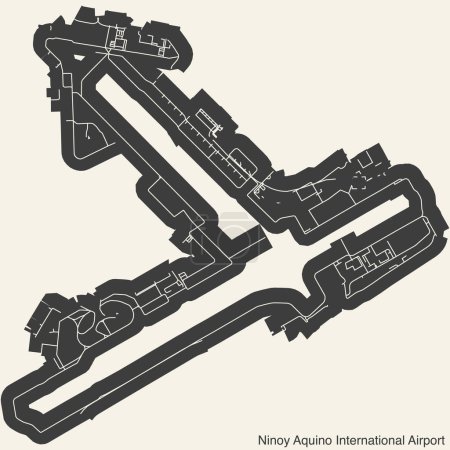 High contrasted terminals layout diagram map with airfield road lines and name tag of the NINOY AQUINO INTERNATIONAL AIRPORT (MNL, RPLL), MANILA
