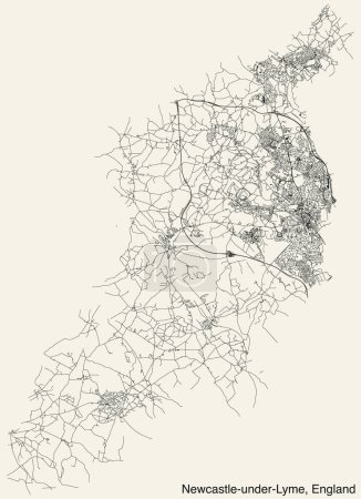 Mapa detallado de carreteras urbanas de navegación dibujadas a mano del municipio de NEWCASTLE UNDER LYME en el Reino Unido, INGLATERRA con líneas vivas de carreteras y etiqueta con su nombre sobre un fondo sólido