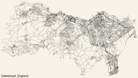 Mapa detallado de carreteras urbanas de navegación dibujadas a mano del municipio británico de GATESHEAD, INGLATERRA con líneas vivas de carreteras y etiqueta con su nombre sobre un fondo sólido