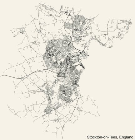Mapa detallado de carreteras urbanas de navegación dibujadas a mano del municipio de STOCKTON-ON-TEES en el Reino Unido, INGLATERRA con líneas vivas de carreteras y etiqueta con su nombre sobre un fondo sólido