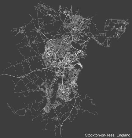 Mapa detallado de carreteras urbanas de navegación dibujadas a mano del municipio de STOCKTON-ON-TEES en el Reino Unido, INGLATERRA con líneas vivas de carreteras y etiqueta con su nombre sobre un fondo sólido