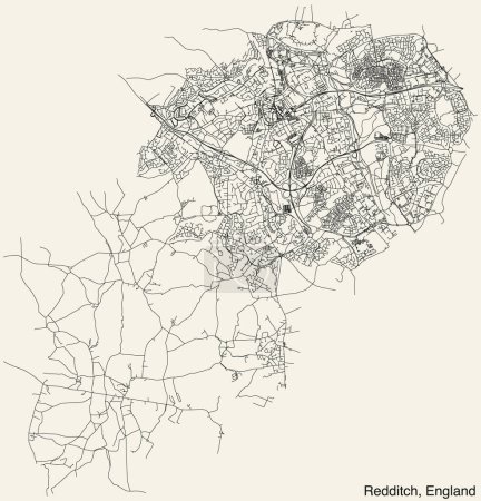 Mapa detallado de carreteras urbanas de navegación dibujadas a mano del municipio de REDDITCH en el Reino Unido, INGLATERRA con líneas vivas de carreteras y etiqueta con su nombre sobre fondo sólido