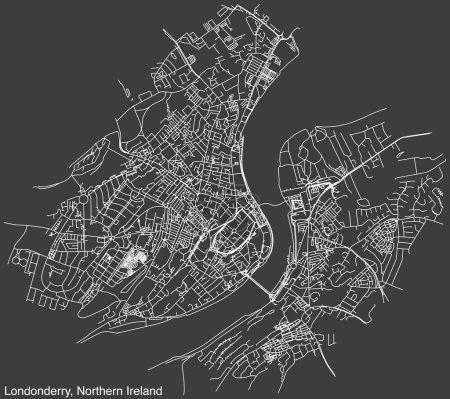 Mapa detallado de carreteras urbanas de navegación dibujadas a mano del municipio de LONDONDERRY, IRLANDA DEL NORTE, con líneas vivas de carreteras y etiqueta con su nombre sobre un fondo sólido