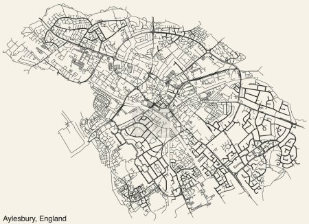 Mapa detallado de carreteras urbanas de navegación dibujadas a mano del municipio de AYLESBURY, INGLATERRA con vívidas líneas de carreteras y etiqueta con su nombre sobre un fondo sólido